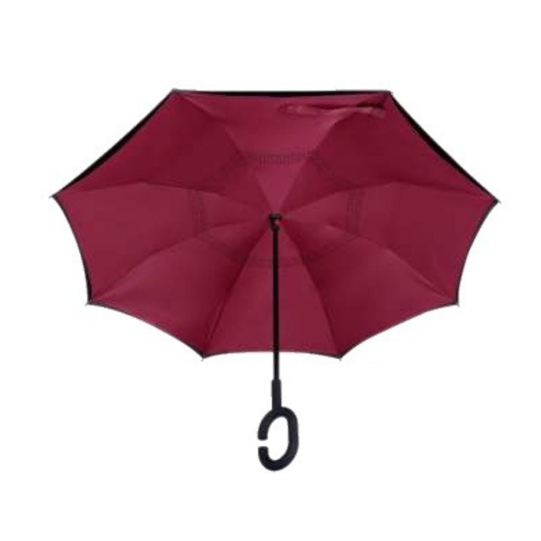 Open Knirps reversible umbrella has c-shaped handle with burgandy underneath and black on top