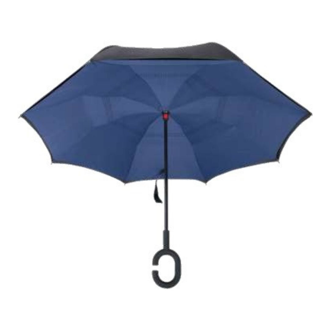 Open Knirps reversible umbrella has c-shaped handle with Blue underneath and black on top