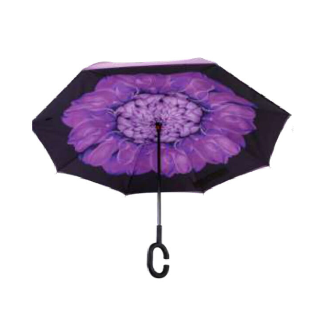 Open Knirps reversible umbrella has c-shaped handle with purple flower from centre with black edges