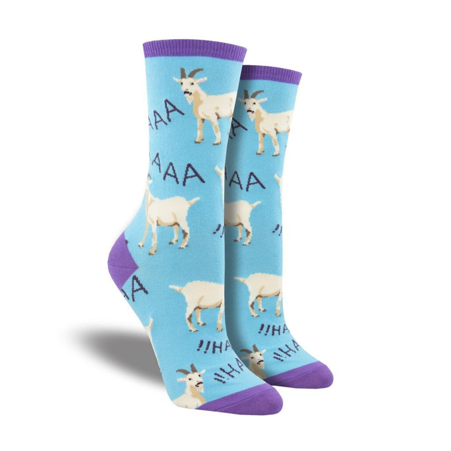 Blue socks with purple accents featuring screaming goats