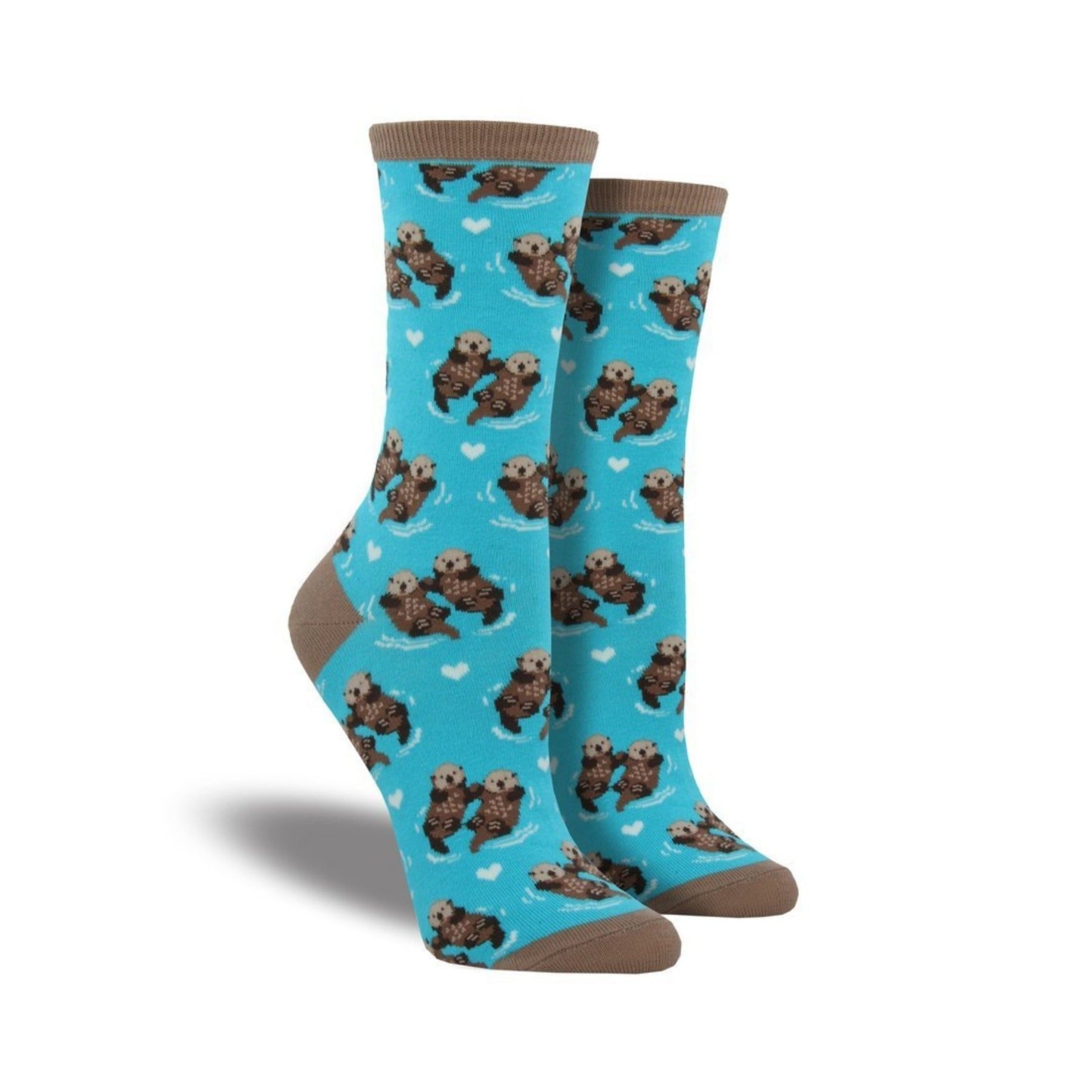 Light blue socks with 2 otters floating together pattern