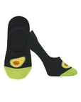 A pair of women's black socks with avocado's on the toes