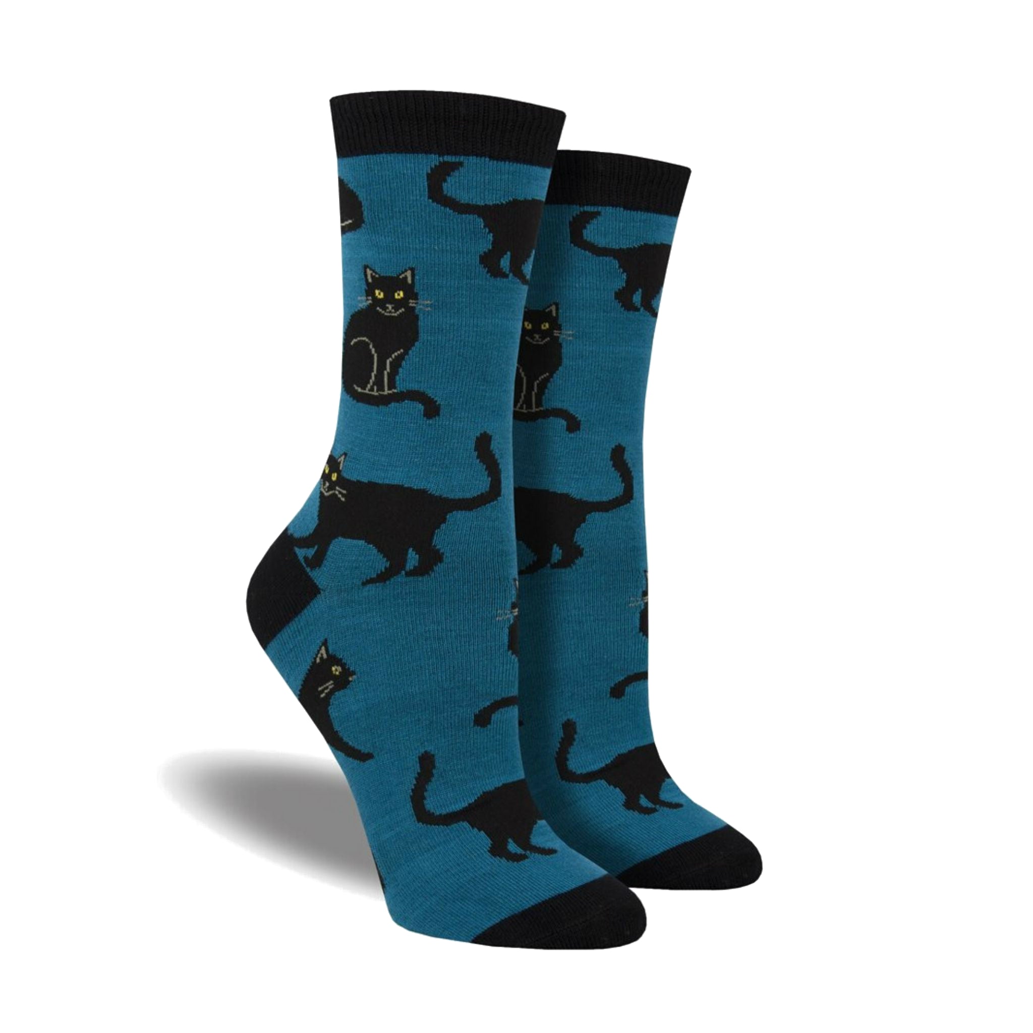 Blue socks with black accents featuring black cats sitting and walking