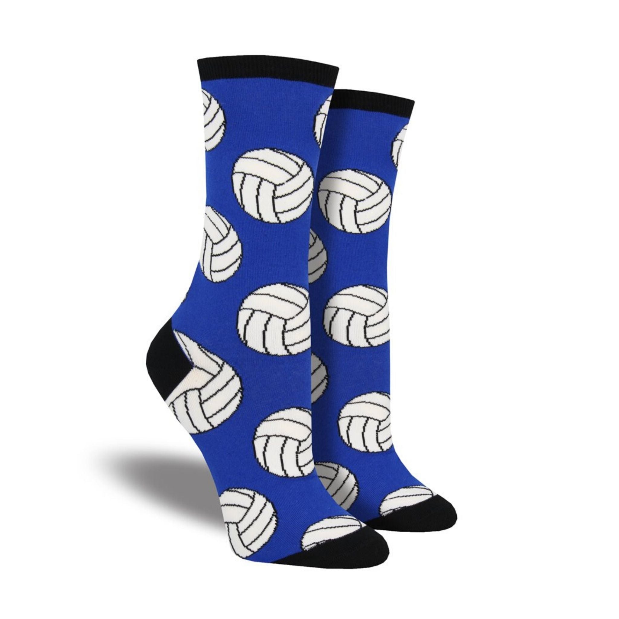 Blue socks featuring volley balls on them