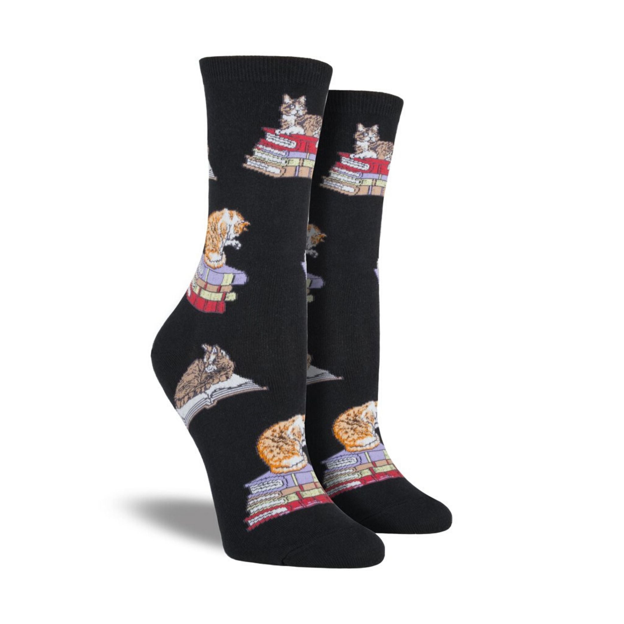 Black socks with cats sitting on books