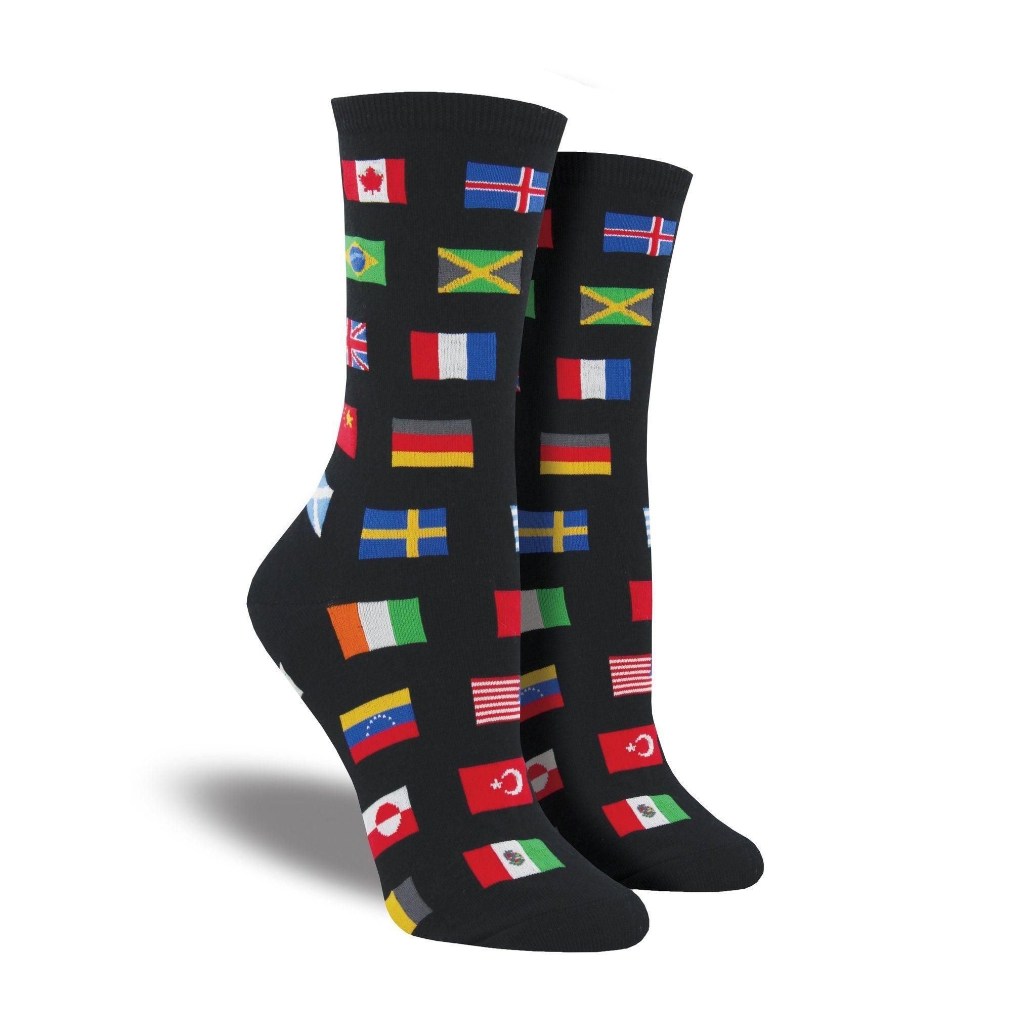 A pair of women's crew socks featuring world flags.