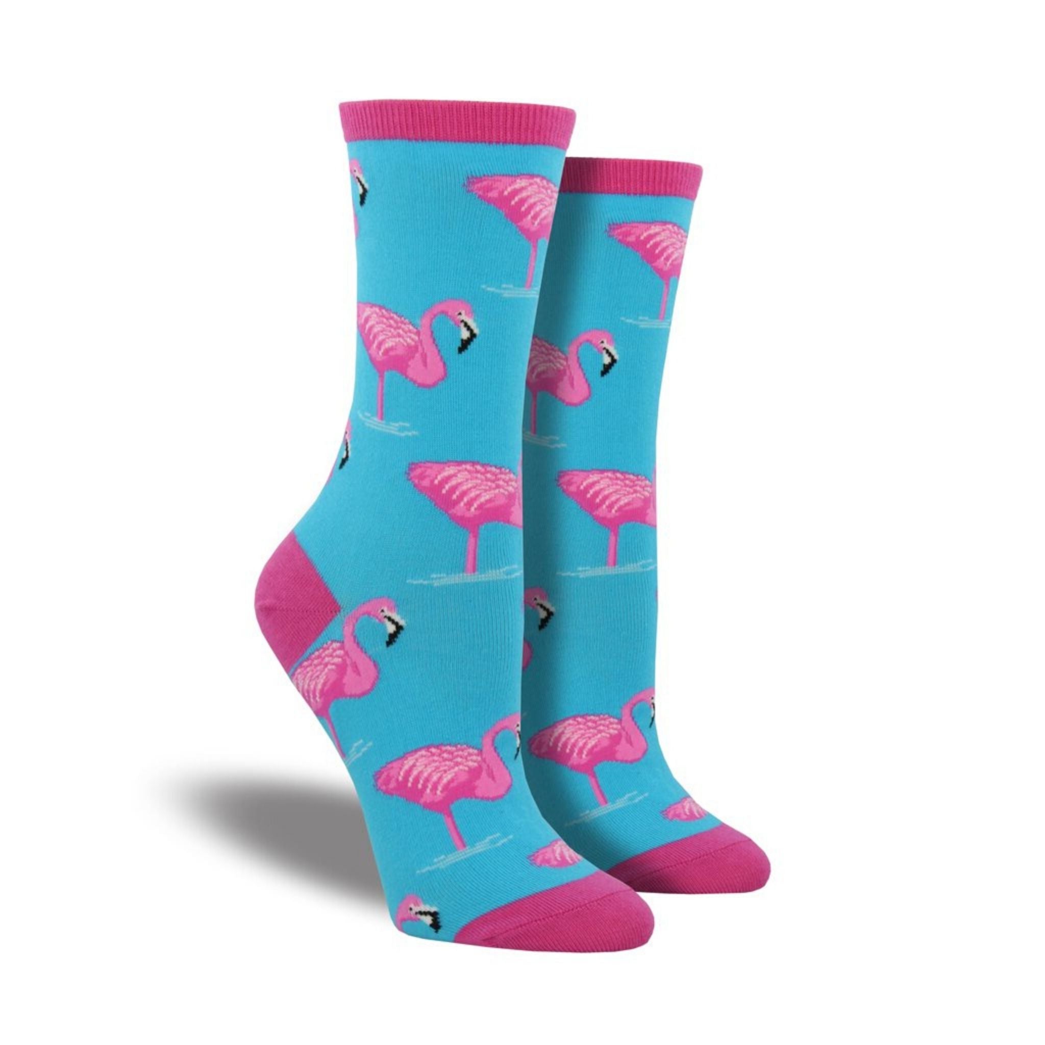 Blue socks with pink accents featuring flamingos
