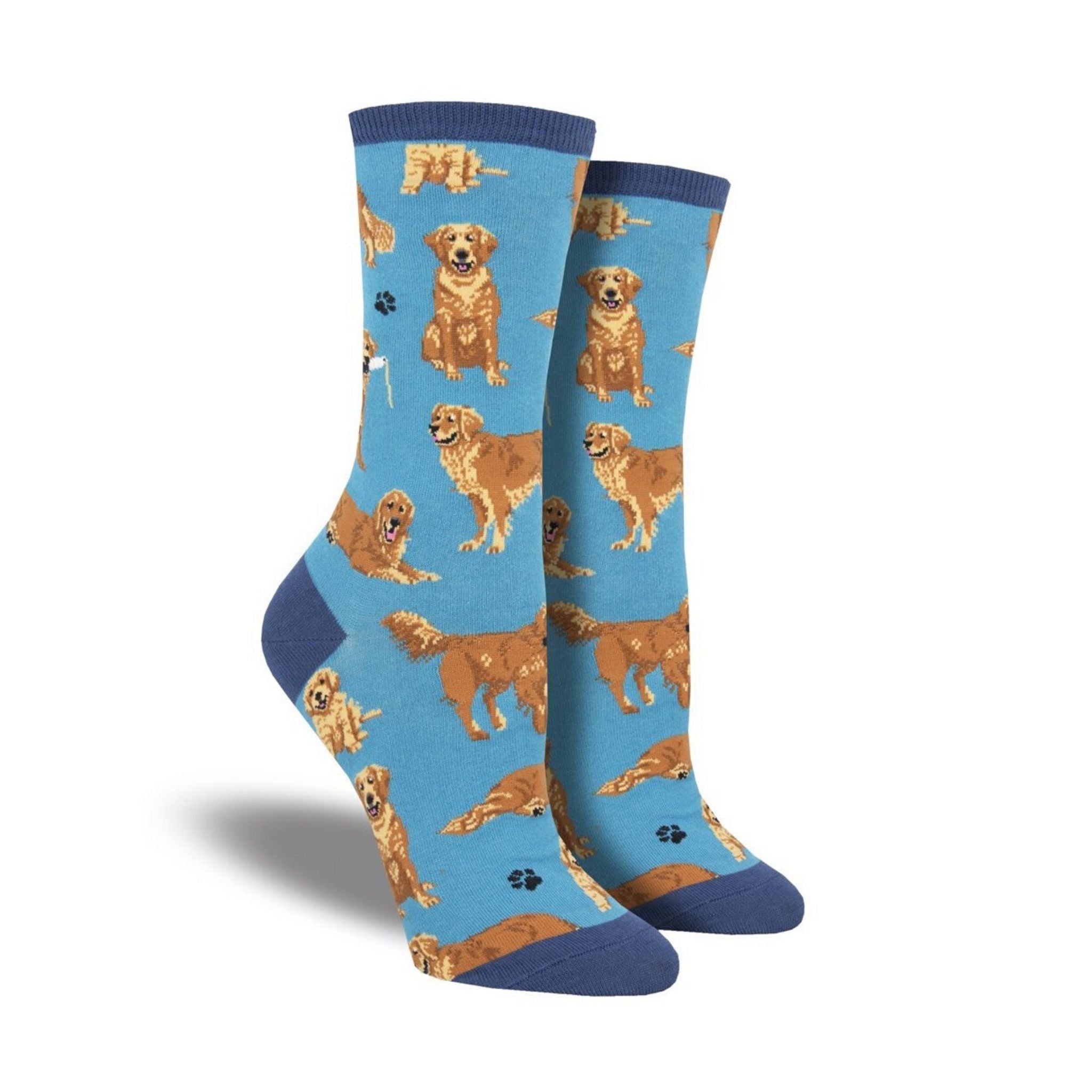 Blue socks with golden retrievers on them