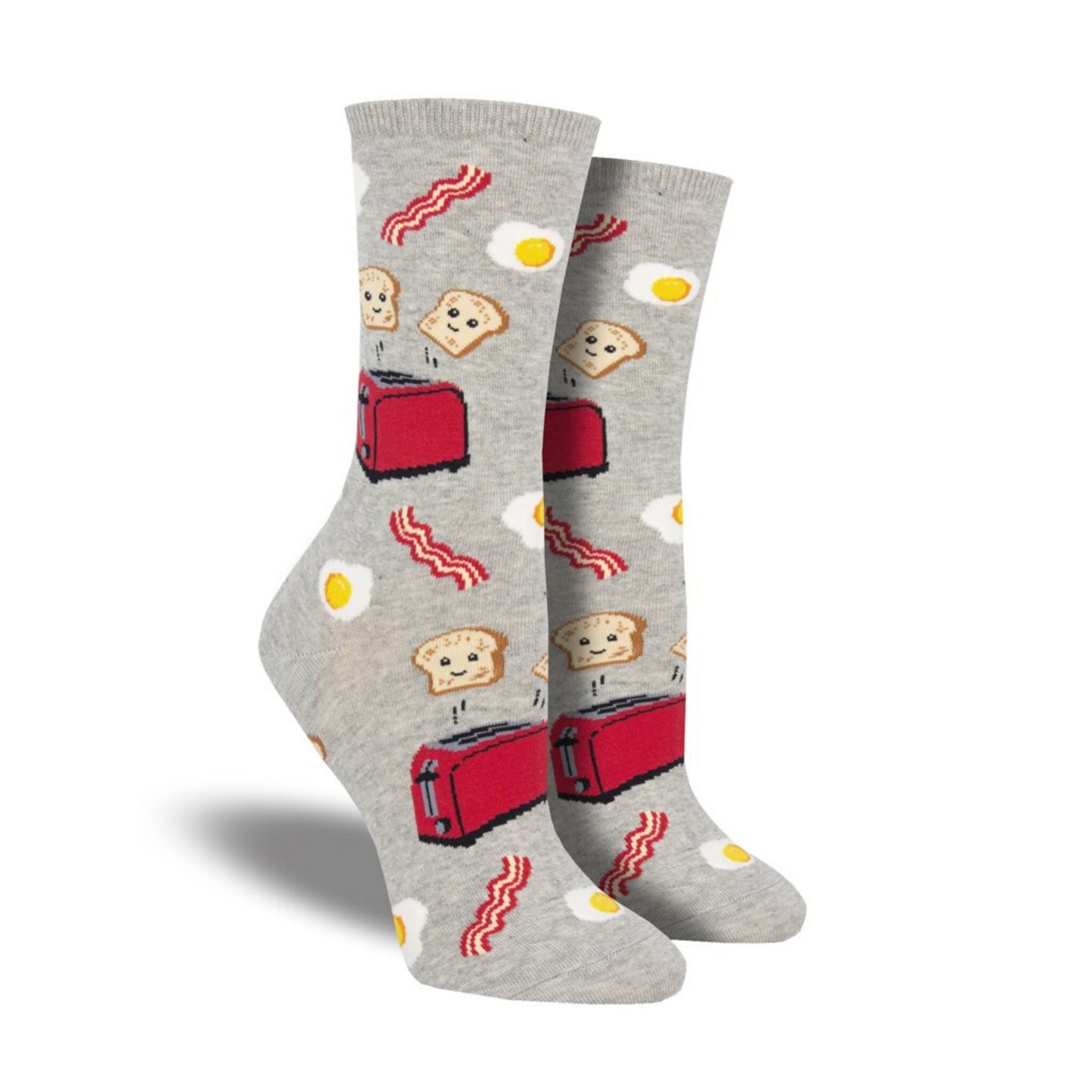 Grey  socks with toaster, eggs and bacon on them