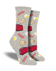 Grey  socks with toaster, eggs and bacon on them