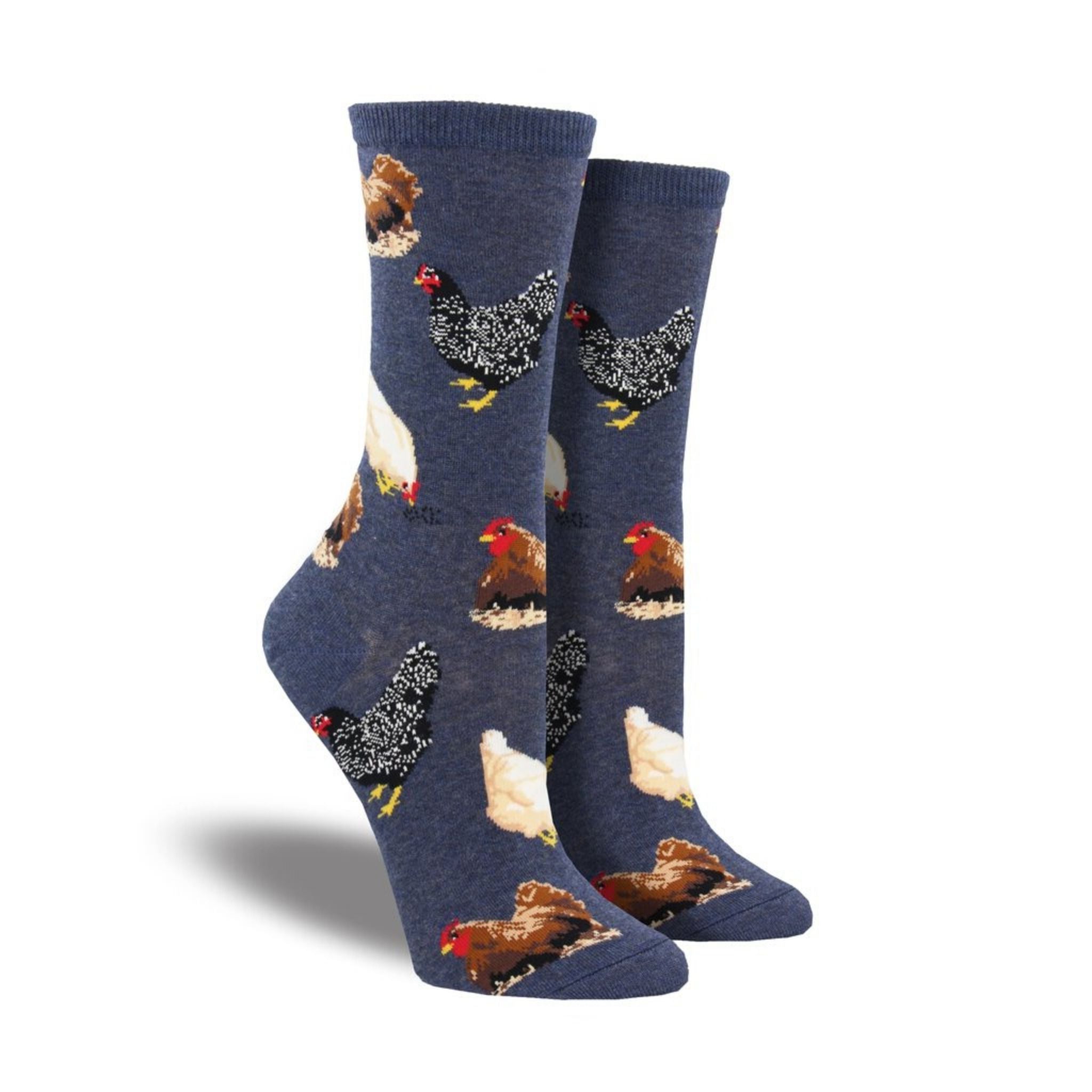 Blue socks with hens on them