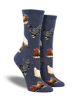 Blue socks with hens on them