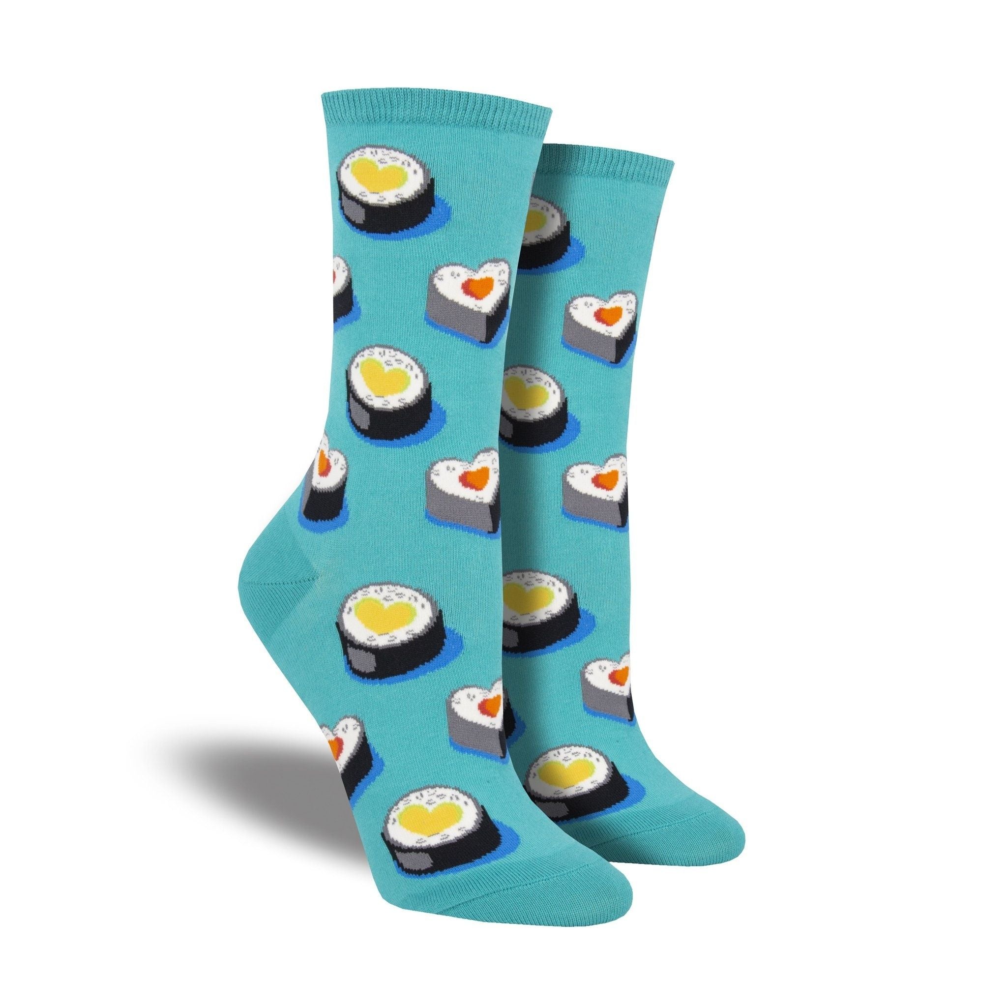 Blue socks with cute heart sushi rolls on them
