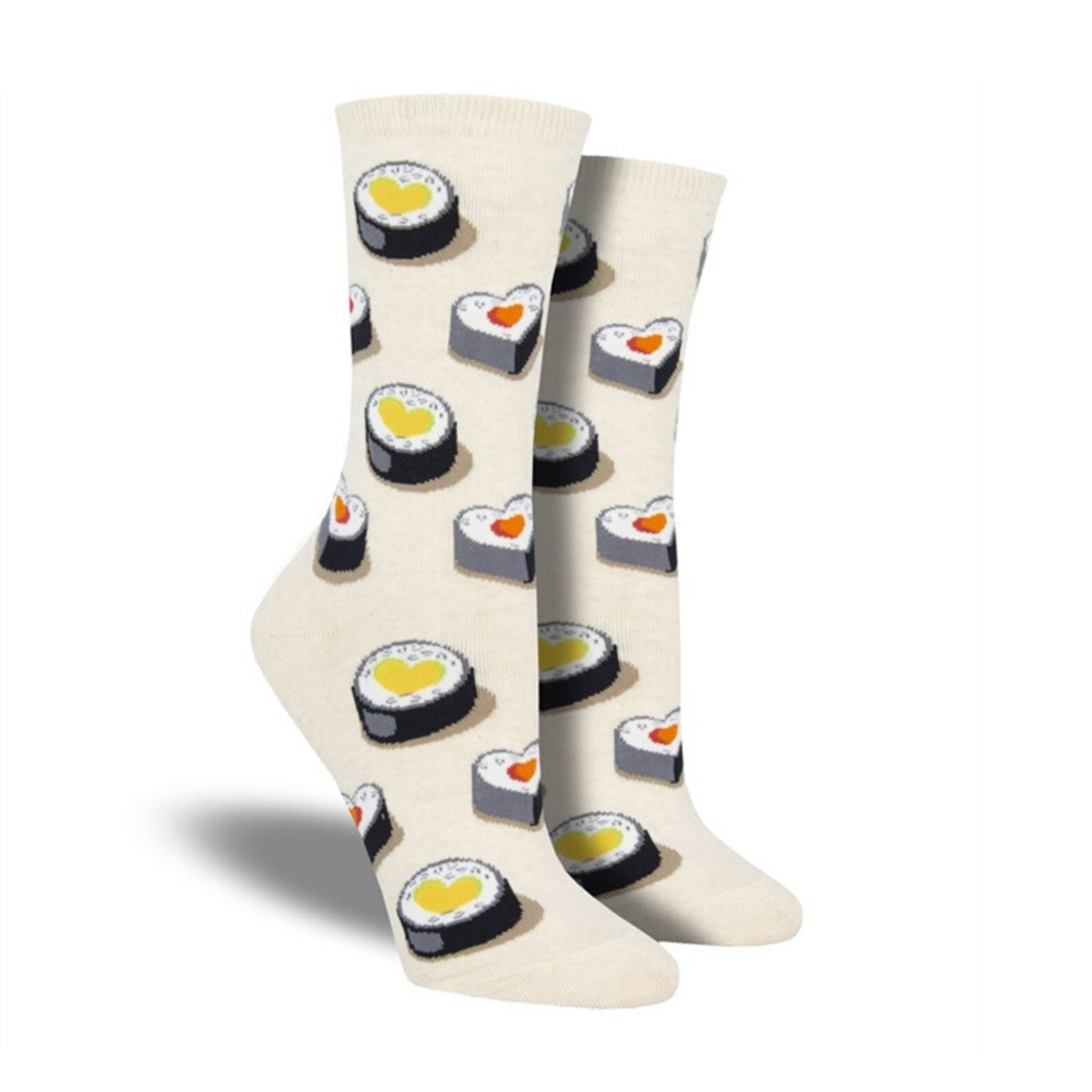 White socks with cute heart shaped sushi rolls on them