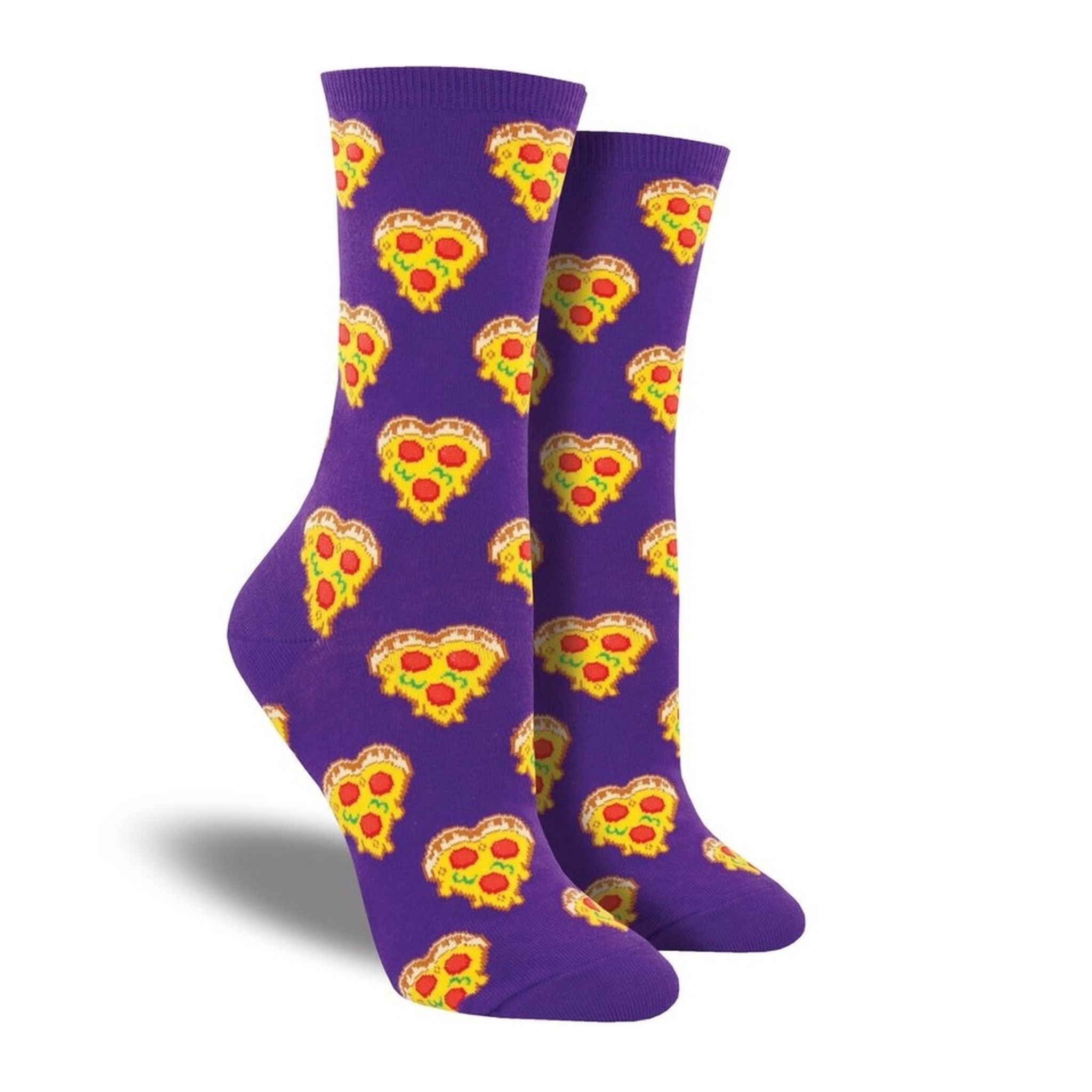 Purple socks with heart shaped pizza slices