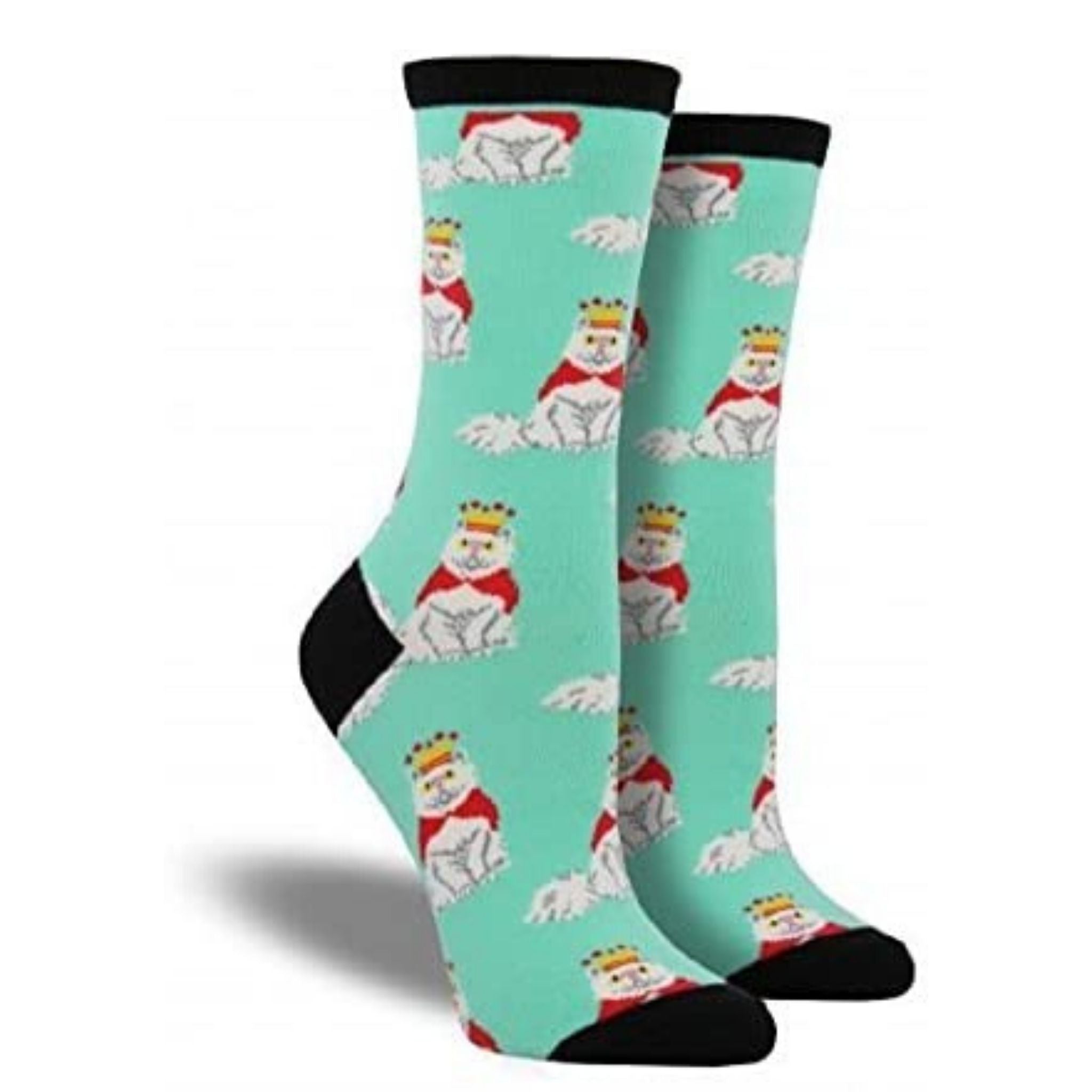Teal socks with white cats wearing crown and cape