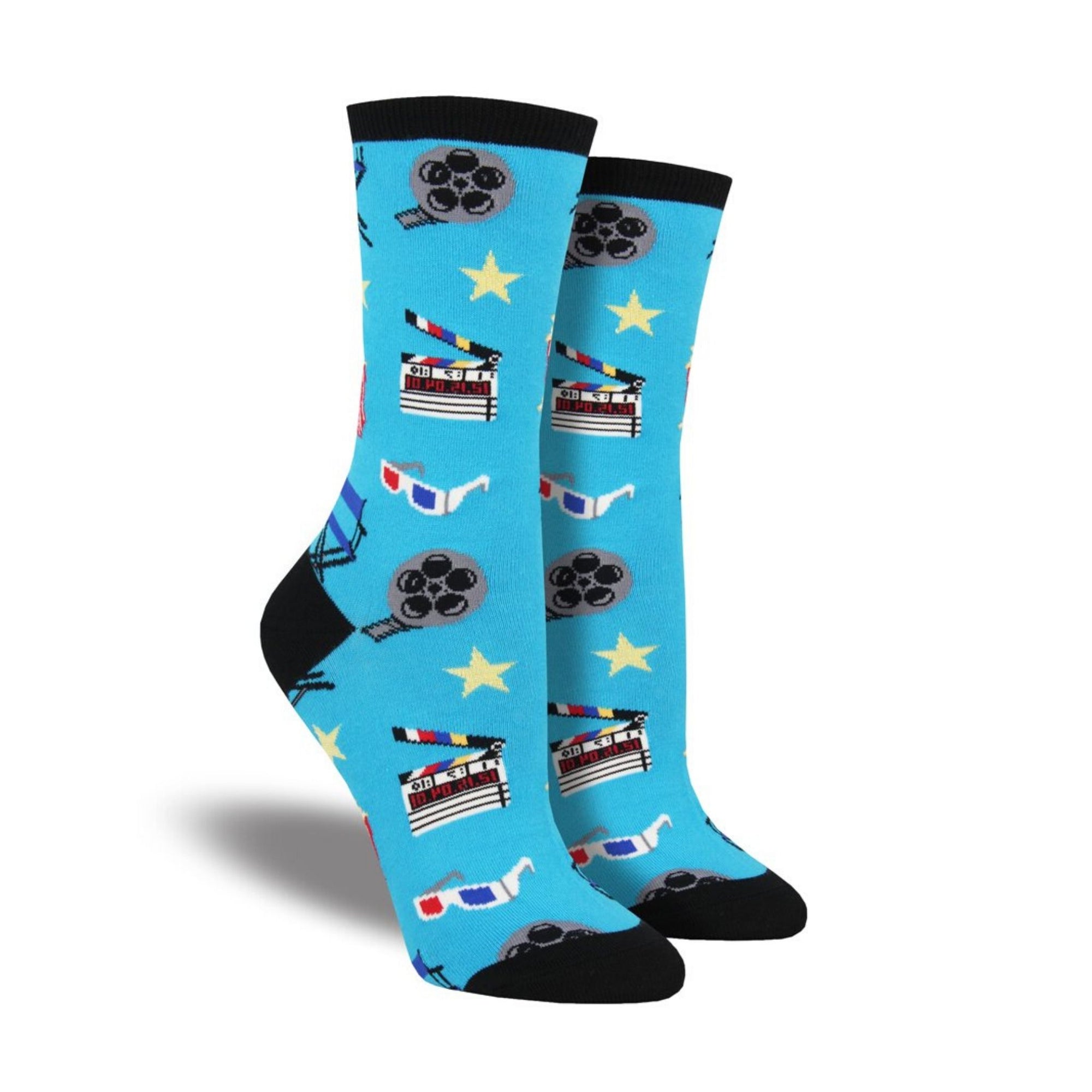 Blue socks with movie theatre reels and 3D glasses