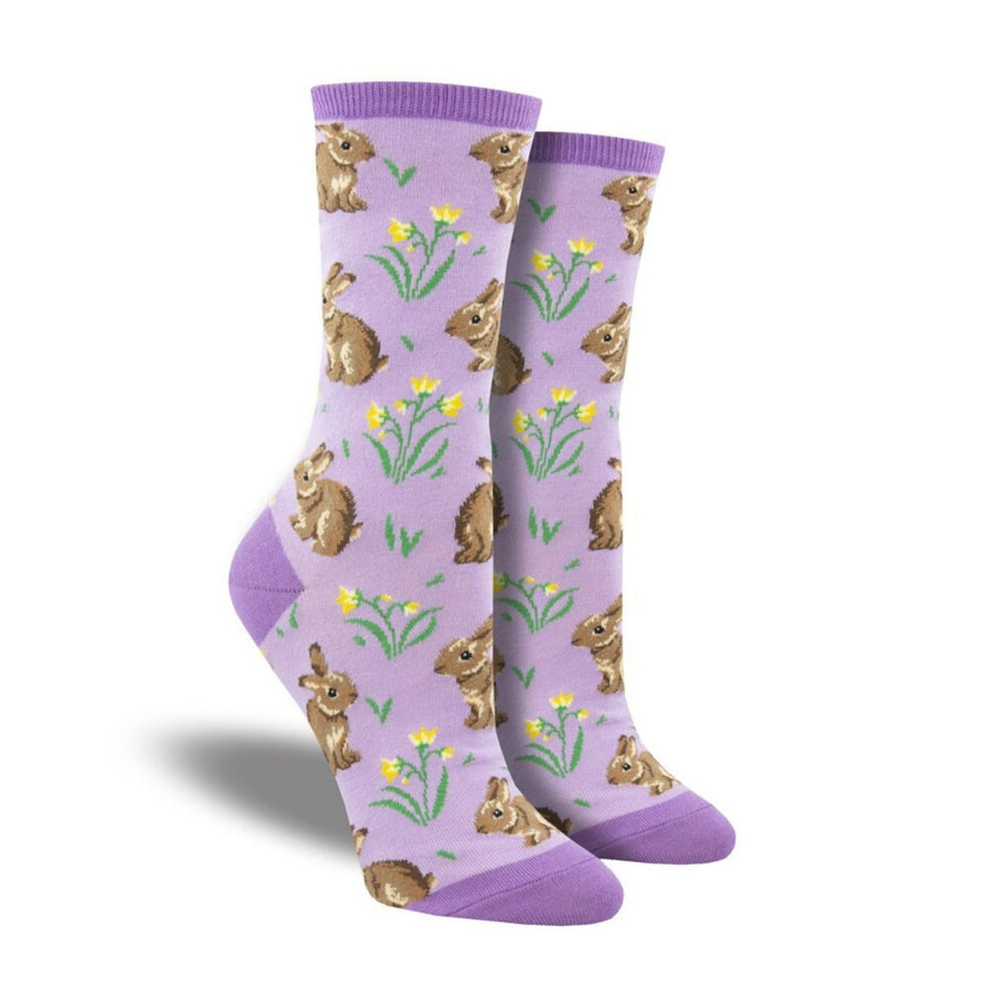 Purple socks with rabbits and yellow flowers