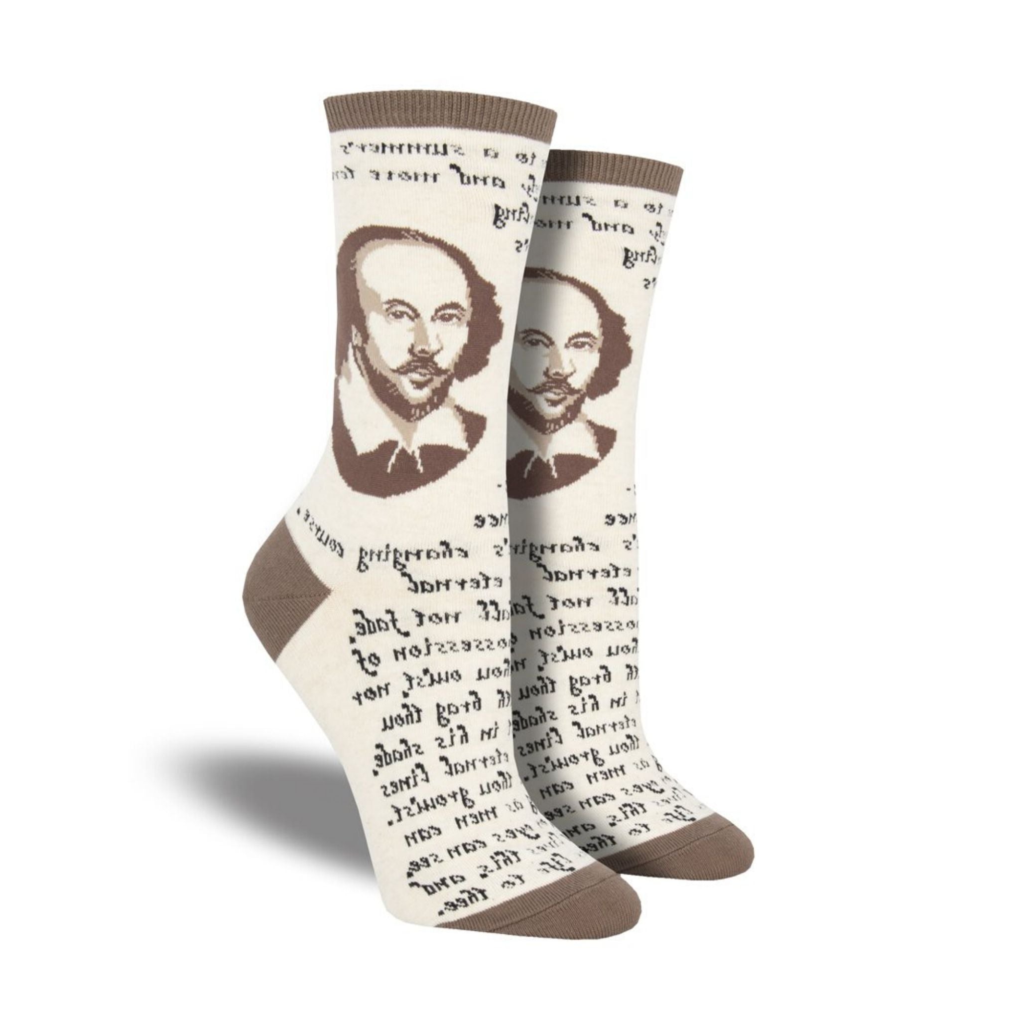 Tan socks with Shakespeare's head and famous quote