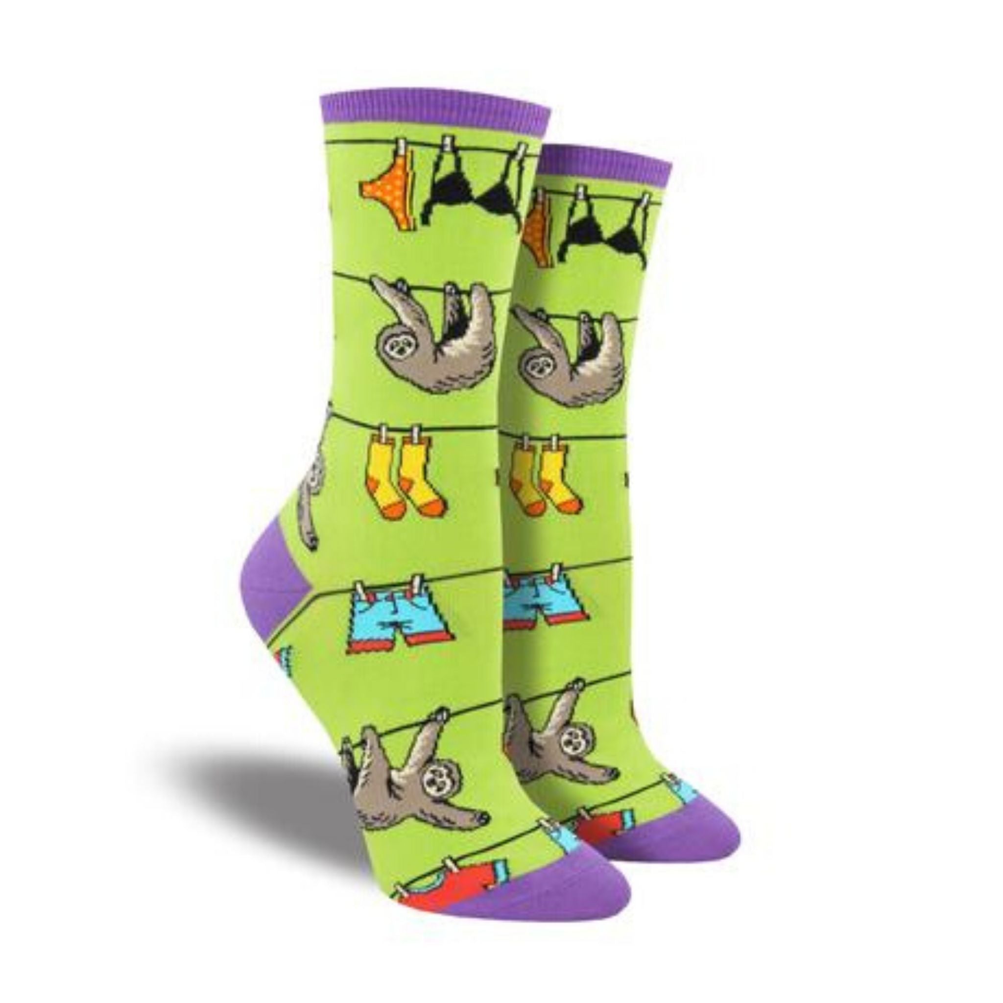Green socks with purple accents featuring sloths climbing clothing line with items hanging to dry