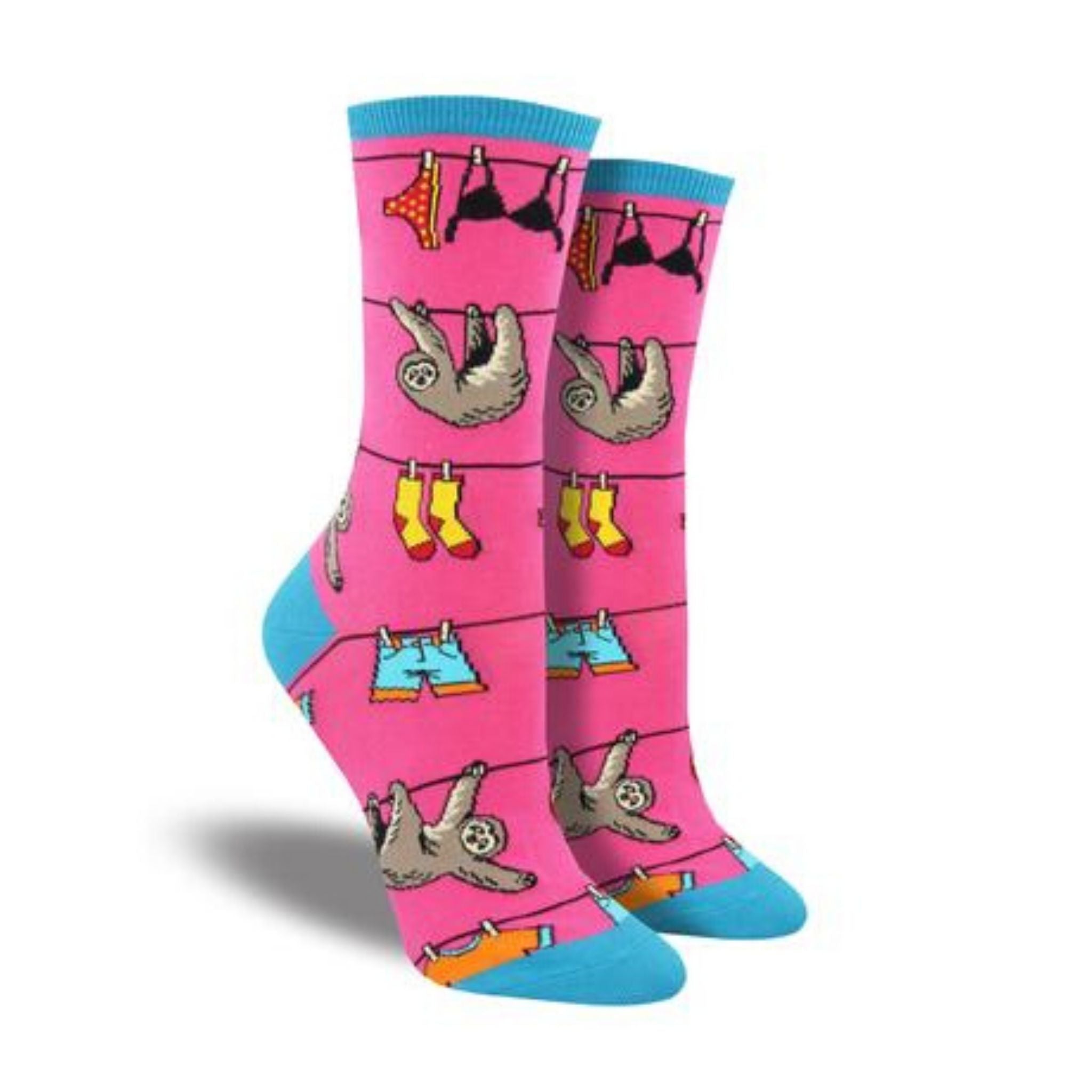 pink socks with blue accents featuring sloths climbing clothing line with items hanging to dry