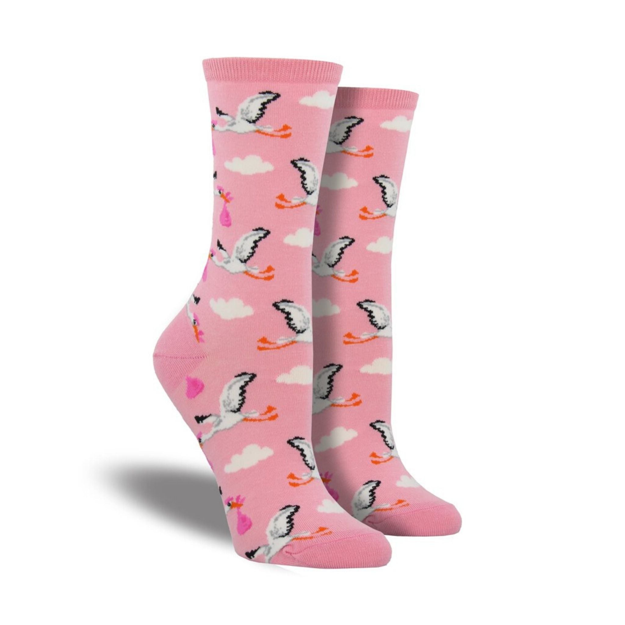Pink socks featuring the stork delivering a baby