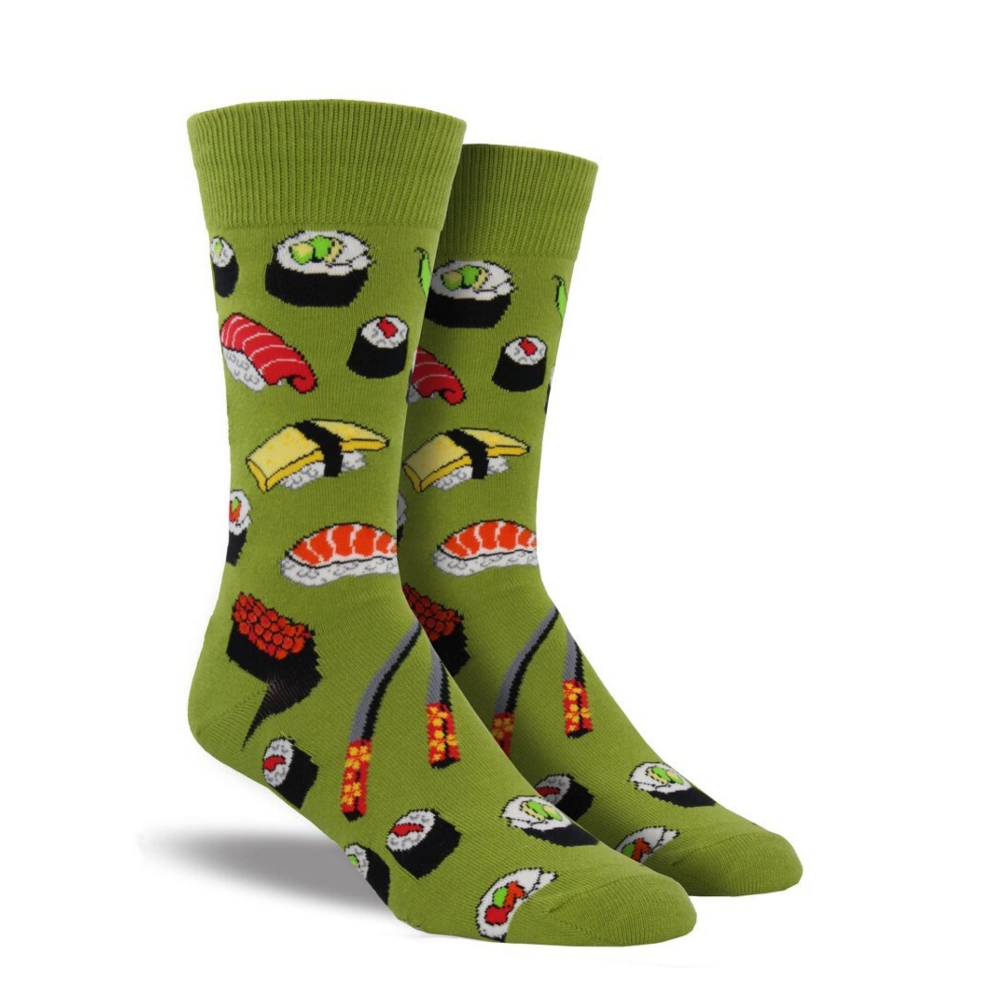Green socks with different sushi rolls on it