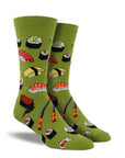 Green socks with different sushi rolls on it