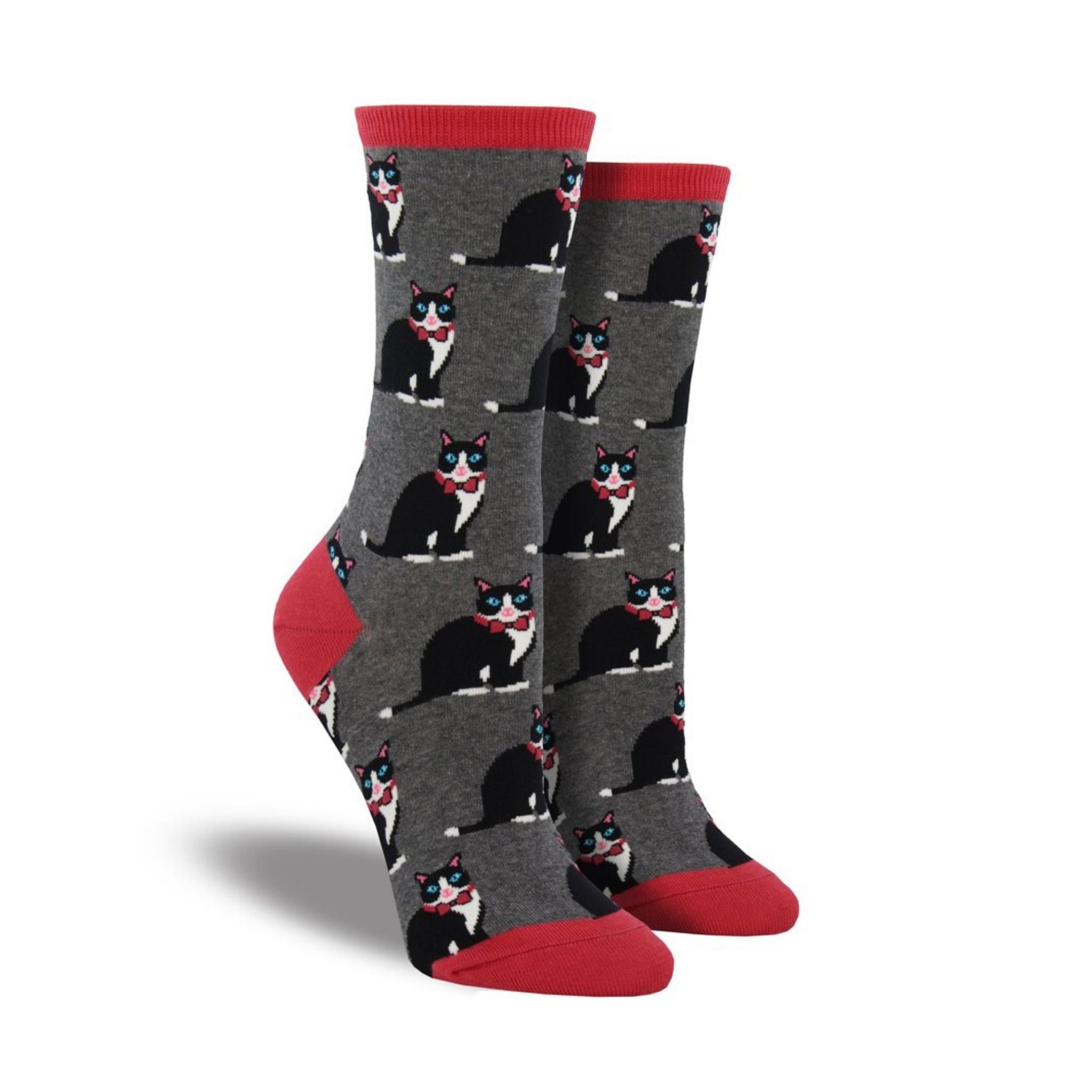 Grey socks with red accents featuring black cats wear ties