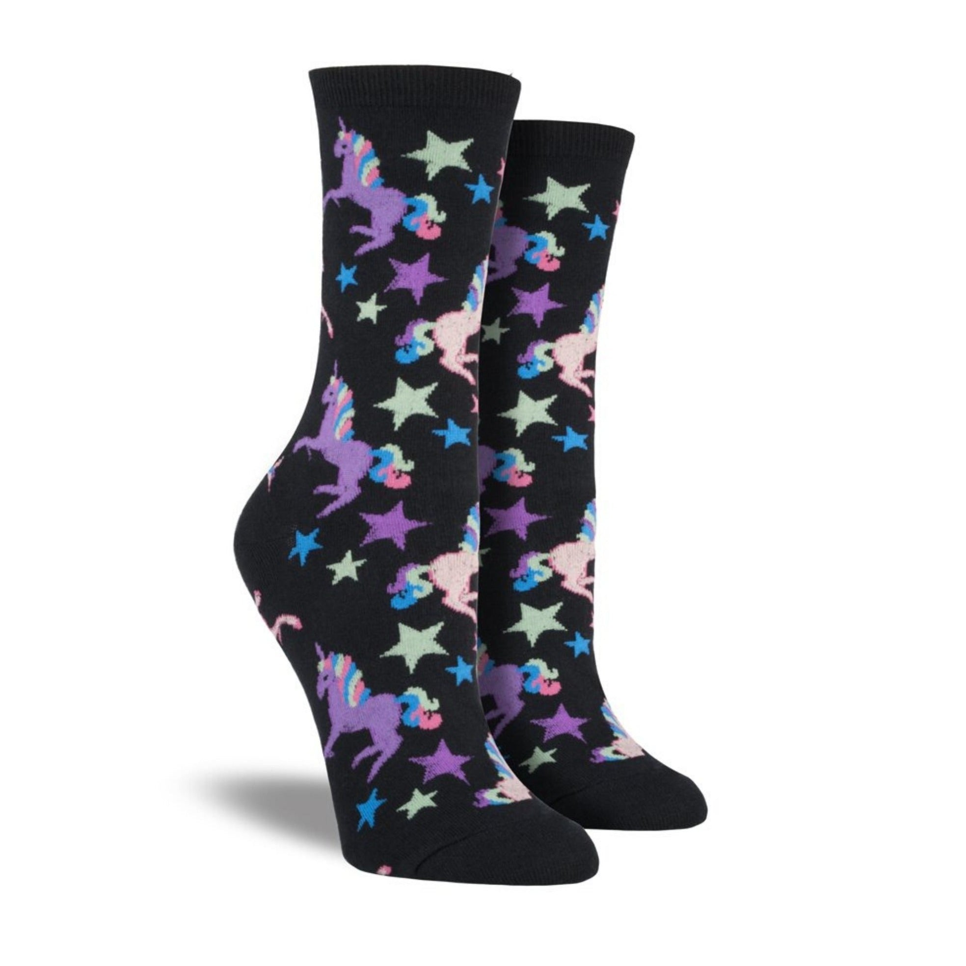 Black socks with purple and pink unicorns and stars