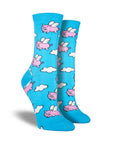 Women's Blue crew socks with pigs flying on them