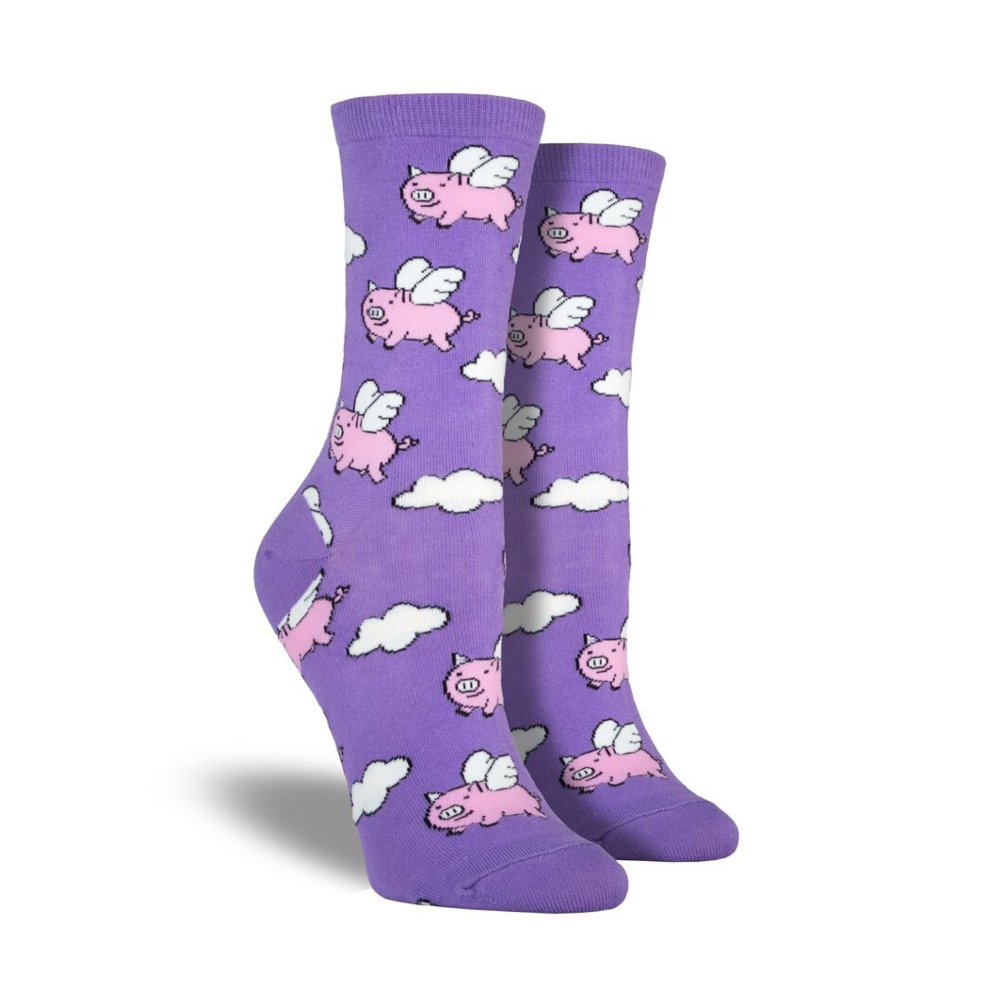 Women's purple crew socks with flying pigs on them.