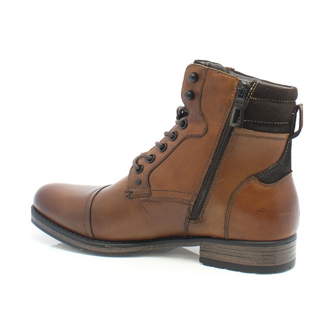 Side view of Brown work boot with dark brown accents and tan laces with detail stitching and slight heel and side zipper