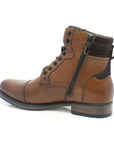 Side view of Brown work boot with dark brown accents and tan laces with detail stitching and slight heel and side zipper