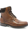 Brown work boot with dark brown accents and tan laces with detail stitching and slight heel