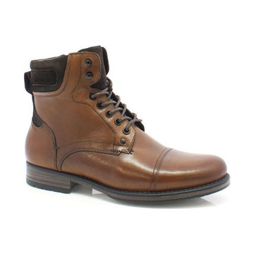 Brown work boot with dark brown accents and tan laces with detail stitching and slight heel