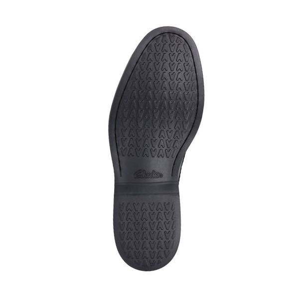 Black rubber outsole with Clarks logo on center.