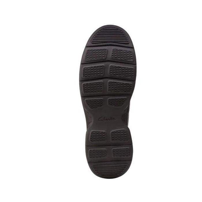 Black rubber outsole with Clarks logo in center.
