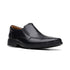 Men's Clarks Clarkslite Ave slip-on dress shoe in black leather with sleek design, OrthoLite insole, and flexible rubber sole for comfort.