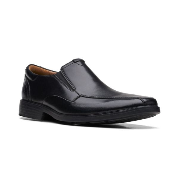 Black leather bicycle toe slip-on shoe with black outsole.