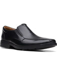 Black leather bicycle toe slip-on shoe with black outsole.