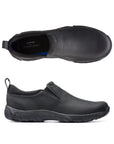 Top and side view of Black slip on sneaker style shoe with detail stitching 