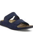 Navy two strap sandal with Velcro closures.