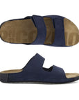 Top and side view of navy sandal with two straps with Velcro closures. Ecco logo on footbed.
