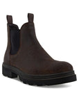 Brown leather Chelsea boot with black elastic goring, heel pull tabs and lugged black outsole.