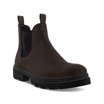 Brown leather Chelsea boot with black elastic goring, heel pull tabs and lugged black outsole.