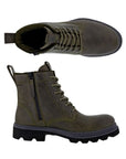 Green leather combat boot with laces, inside zipper and black lugged outsole.