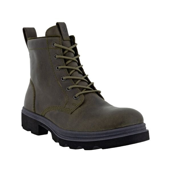 Green leather combat boot with laces and black lugged outsole.