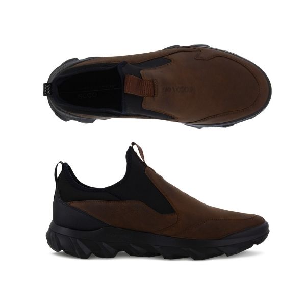 Top and side view of brown nubuck leather shoe with black neoprene trim and black oustole