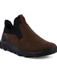 Brown nubuck leather shoe with black neoprene trim and black oustole